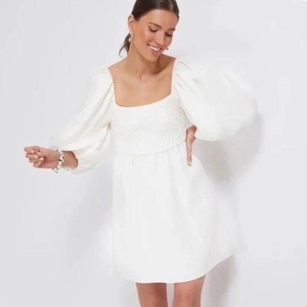 Tuckernuck Dress Puff Sleeve Linen Annie Smocked Mini Size XS